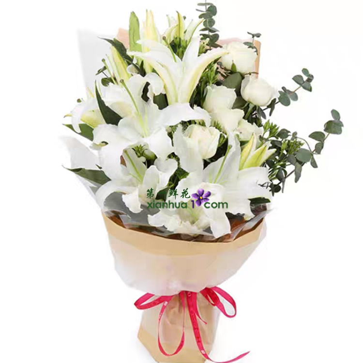 12朵白百合,6枝白玫瑰,尤加利若干,白相思梅若干