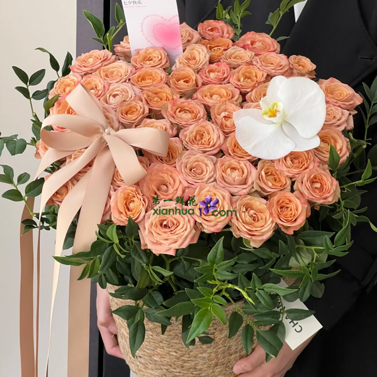 52枝卡布奇诺玫瑰，1朵白色蝴蝶兰，丝带花结装饰，九星叶