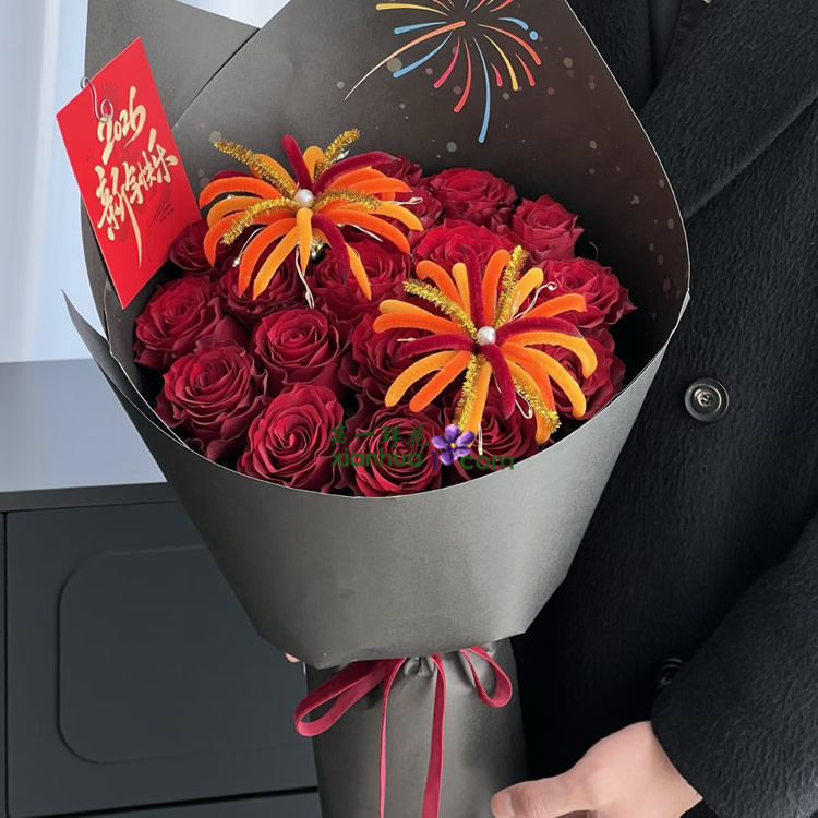 19枝红玫瑰，2个扭扭棒烟花装饰